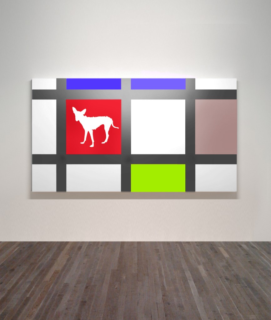 Grid with red dog - Nick Garrett, acrylic on canvas 1800 x 1100