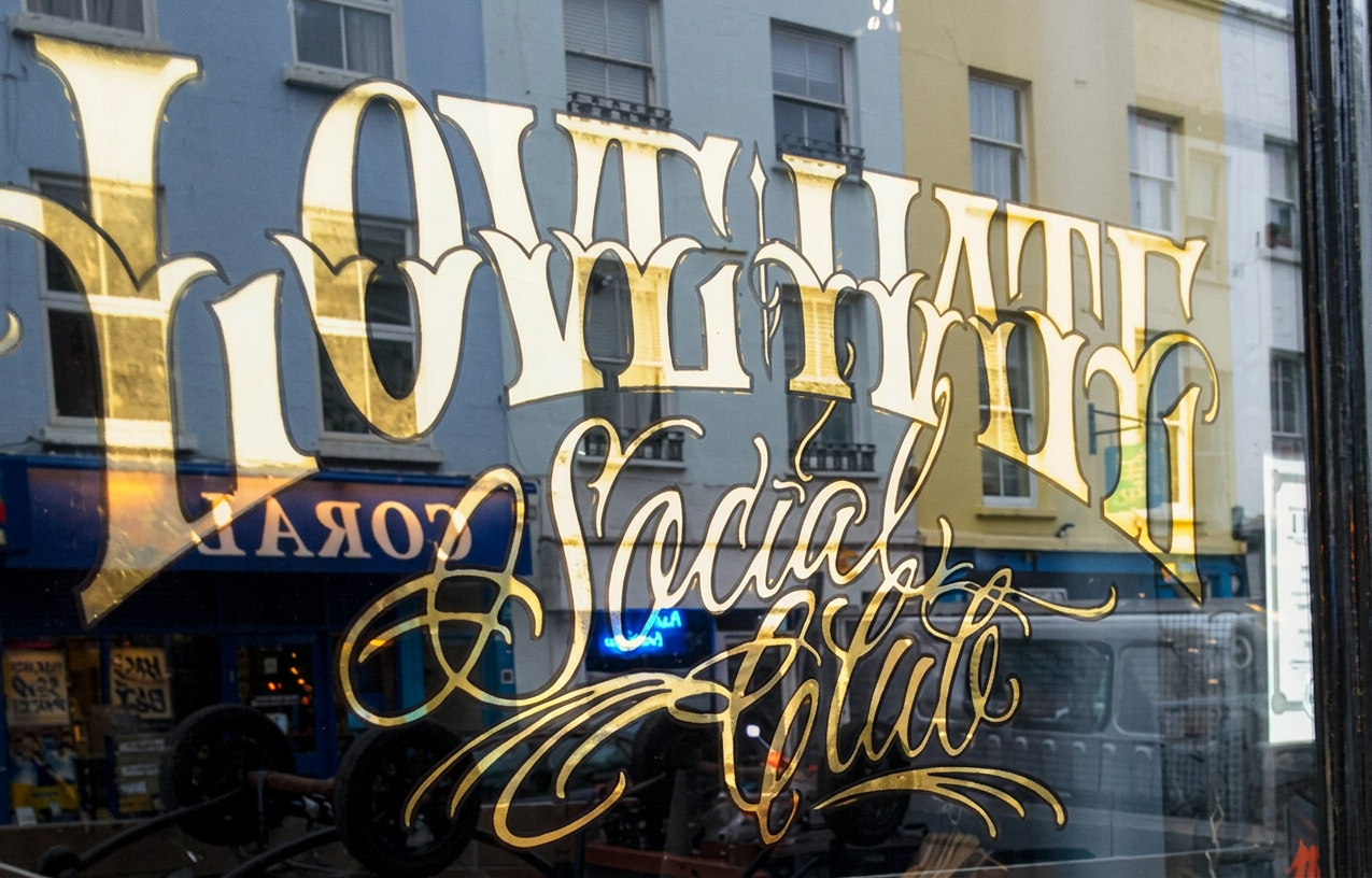 Love Hate social club London glass gilding signage